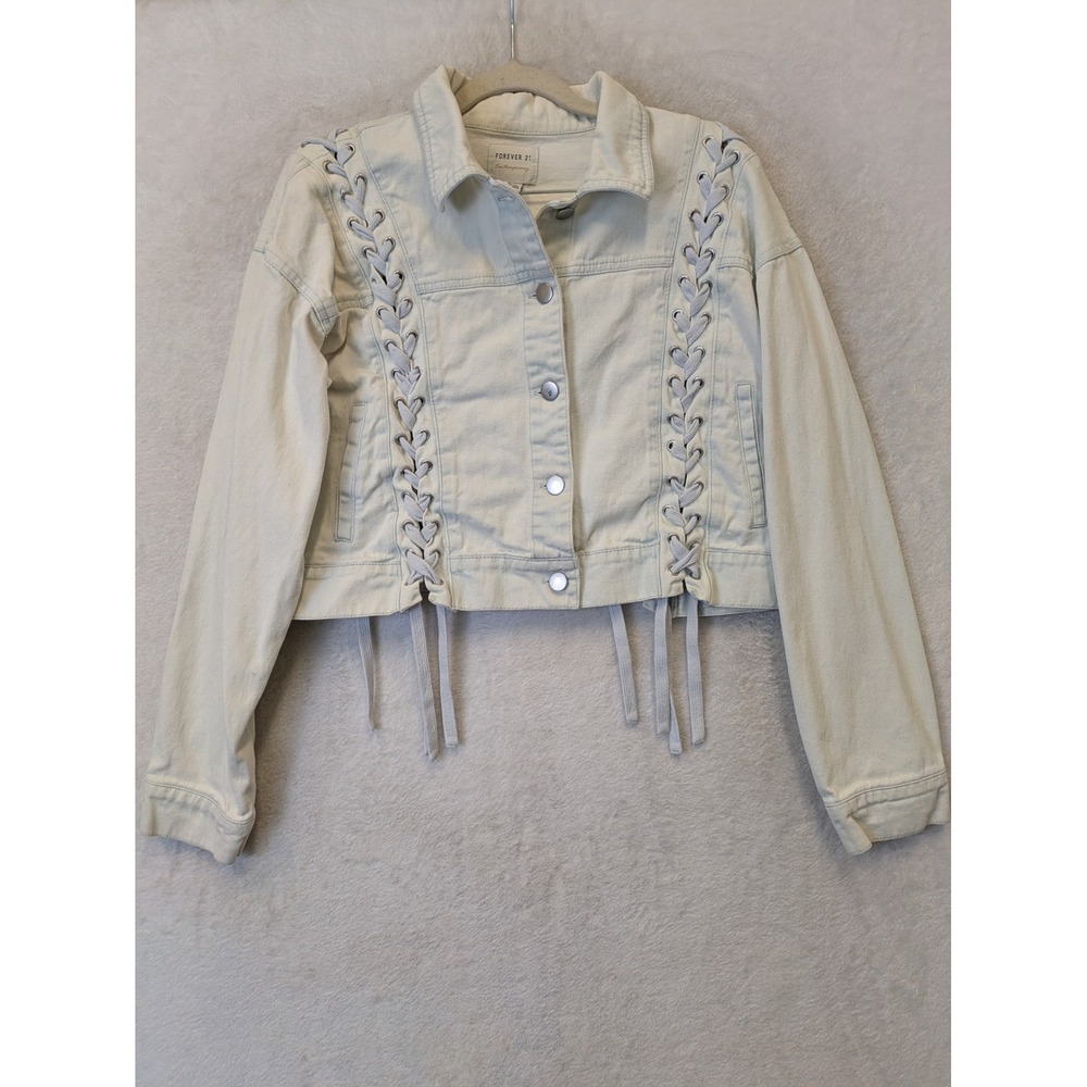 Forever 21 Contemporary Womens Light Wash Lace Up Cropped Denim Jacket Size M